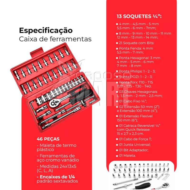Kit Reparador 1/4 c/ 46 Peças Aço & Maleta - Raposo